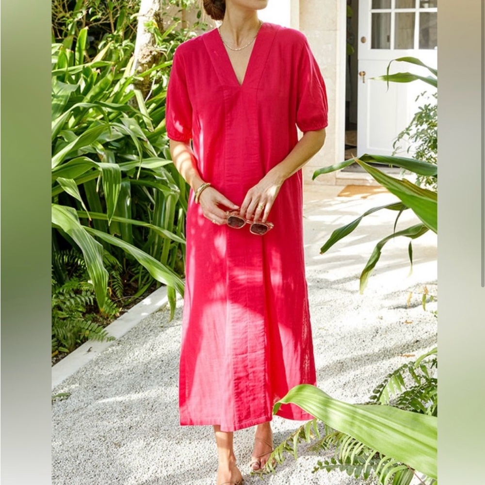 LAKE Gauze Caftan Maxi Dress In Heatwave Pink Size Small Loose Lightweight - Picture 2 of 9